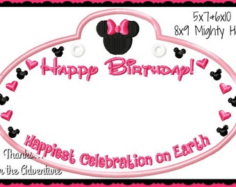 In The Hoop Minnie Mouse Happy Birthday Cast Member Name Stroller Tag Applique Digital Embroidery Machine Design File Multiple Sizes