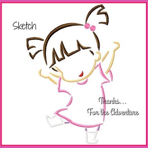 May include: A line drawing of a girl with brown hair and a pink dress. The text "Sketch" appears in the top left corner and "Thanks... For the Adventure" appears in the bottom right corner.