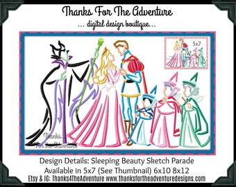 Prinzessin Dornröschen Aurora Maleficent Prinz Phillip Good Fairies Parade Skizze Digital Embroidery Machine Design 5x7 6x10 8x12