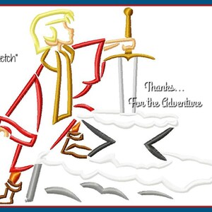 Op de afbeelding: Een cartoonillustratie van een persoon die een zwaard uit een steen trekt. De tekst "Sketch" en "Thanks... For the Adventure" is opgenomen in de afbeelding.