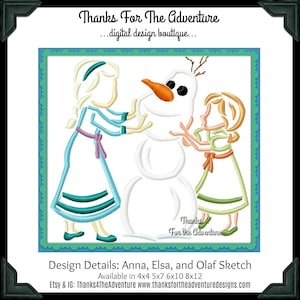 Princess Frozen 2 Little Princess Anna Queen Elsa and Olaf the Snowman Digital Embroidery Machine Design Sketch  4x4 5x7 6x10 8x12