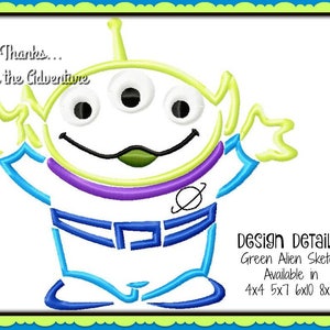 May include: Green alien character with three eyes, a purple and yellow body, and blue legs. The character is smiling and has a green tongue. The text "Thanks... For the Adventure" is above the character. The text "Design DETAILS: Green Alien Sketch Available in 4x4 5x7 6x10 8x12" is below the character.