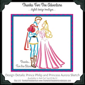 Princess Aurora and Prince Phillip from Sleeping Beauty Sketch Digital Embroidery Machine Applique Design File 4x4 5x7 6x10 8x12