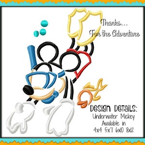 May include: An embroidered design of Mickey Mouse wearing a scuba mask and flippers, with the text "Thanks... For the Adventure" and "Design DETAILS: Underwater Mickey Available in 4x4 5x7 6x10 8x12".