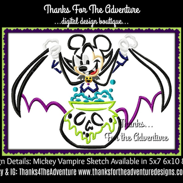 Halloween Mickey Mouse Vampire Evil Queen Cauldron  Digital Embroidery Machine Sketch Design File 5x7 6x10 8x12