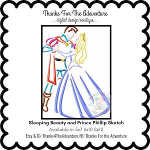 Princess Aurora and Prince Phillip from Sleeping Beauty Dancing Sketch Digital Embroidery Machine Design File 5x7 6x10 8x12