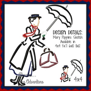 Classic Mary Poppins with her Umbrella Sketch Digital Embroidery Machine Design File 4x4 5x7 6x10 8x12