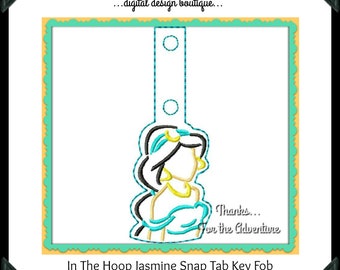 ITH In The Hoop Princesa Jasmine de Aladdin Sketch Snap Tab Key Fob Arquivo de design de máquina de bordar digital 4x4