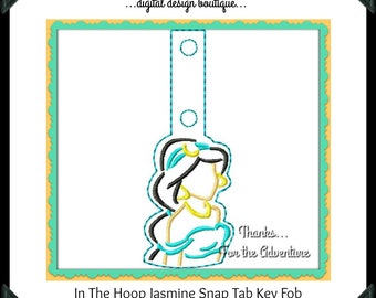 ITH In The Hoop Princess Jasmine from Aladdin Sketch Snap Tab Key Fob Digital Embroidery Machine  Design File 4x4