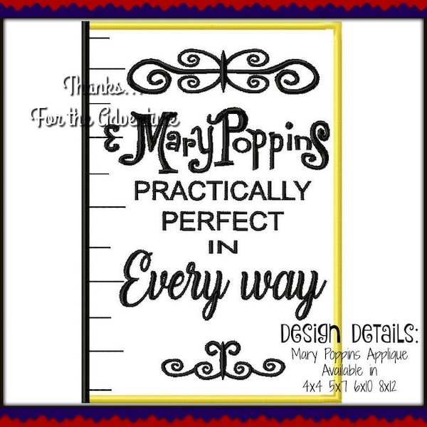 Mary Poppins Practically Perfect in Every Way Ruler Applique Digital Embroidery Machine Design File 4x4 5x7 6x10 8x12