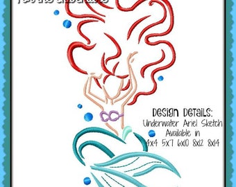Underwater Ariel from The Little Mermaid Sketch Digital Embroidery Machine Design File 4x4 5x7 6x10 8x12 8x14
