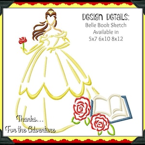 Princess Belle Book and Roses from Beauty and the Beast Reading Sketch Digital Embroidery Machine  Design File  5x7 6x10 8x12