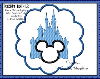 Scalloped Mickey Mouse Castle Applique with Confetti Pocket Digital Embroidery Machine Design File 4x4 5x7 6x10 8x12