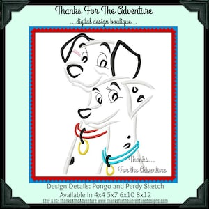 May include: Black and white line art illustration of Pongo and Perdy from Disney's 101 Dalmatians. The image is a digital design for embroidery. The text "Thanks... For the Adventure" is included in the image.