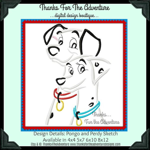 101 Dalmatians Pongo and Perdita Perdy Puppy Dog Digital Embroidery Machine Sketch Design File 4x4 5x7 6x10 8x12
