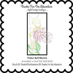 May include: A digital design of Tinker Bell in a sketch style, holding a large pink flower. The design is outlined in yellow and green, with the text "Tinker Bell Sketch" and shop information. Available in various sizes.