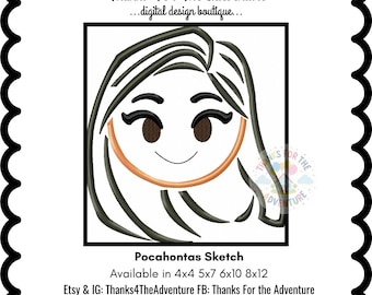 Pocahontas Sketch Digital Embroidery Machine  Design File 4x4 5x7 6x10 8x12