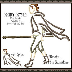 May include: Line art embroidery design of Rey from Star Wars holding a staff. The design is available in multiple sizes: 4x4, 5x7, 6x10, and 8x12 inches. The text "Thanks... for the Adventure" is also included in the design.