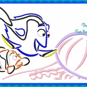 May include: A blue and yellow fish with a large eye swims towards a pink and purple shell. The text "Thanks... For the Adventure" is written in black.