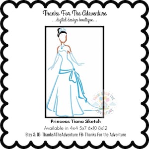 Princesa Tiana de A Princesa e o Sapo em seu Vestido Azul Esboço Máquina de Bordado Digital Arquivo de Design 4x4 5x7 6x10 8x12