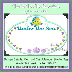 In The Hoop  Little Mermaid Ariel Cast Member Name Stroller Tag Applique Digital Embroidery Machine Design File 4x4 5x7 6x10 8x12