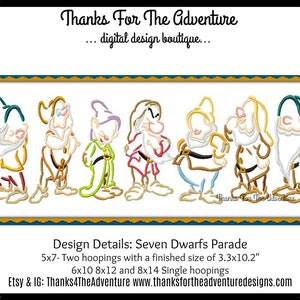 Seven Dwarfs Parade from Snow White Sketch Digital Embroidery Machine Design File 5x7 (2 parts) 6x10 8x12 8x14