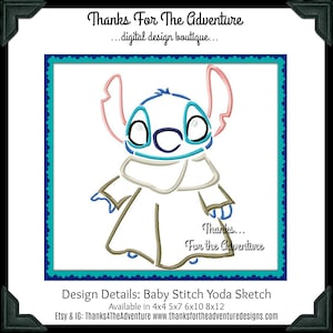 Stitch the Infant Jedi Master from Star Wars and Lilo and Stitch Sketch Digital Embroidery Machine Design File 4x4 5x7 6x10 8x12