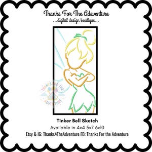 Tinker Bell the Fairy from Pixie Hollow Tink Sketch Digital Embroidery Machine  Design File 4x4 5x7 6x10