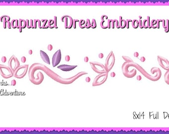 Rapunzel from Tangled Cosplay Dress Embroidery Digital Embroidery Machine  Design File- Total size 2&quot; x 14&quot;- Two hoop options- 8x14 or 2 5x7