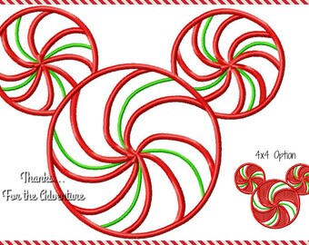 May include: Red and green candy cane design in the shape of Mickey Mouse. The design includes the text "Thanks... For the Adventure". A smaller version of the design is shown in the bottom right corner labeled "4x4 Option".