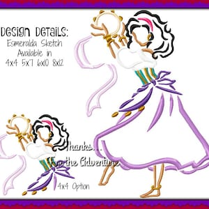 Esmeralda from The Hunchback of Notre Dame Sketch Digital Embroidery Machine Design File 4x4 5x7 6x10 8x12
