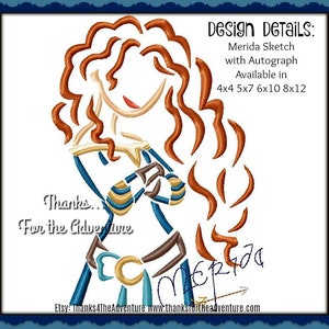 Princess Merida from Brave Autograph Combo Sketch Digital Embroidery Machine Design File 5x7 6x10 8x12