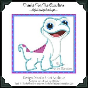 May include: A blue and pink applique design of Bruni, the salamander from Disney's Frozen II. The design is available in multiple sizes, including 4x4, 5x7, 6x10, and 8x12 inches.