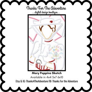 Mary Poppins Jolly Holiday with Parasol Sketch Digital Embroidery Machine Design File 4x4 5x7 6x10