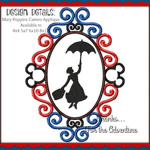 Mary Poppins Cameo Applique Digitaal Borduurwerk Machine Design Bestand 4x4 5x7 6x10 8x12