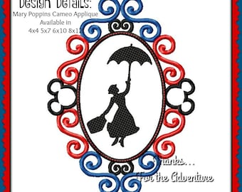 Mary Poppins Cameo Applique Digital Embroidery Machine Design File 4x4 5x7 6x10 8x12
