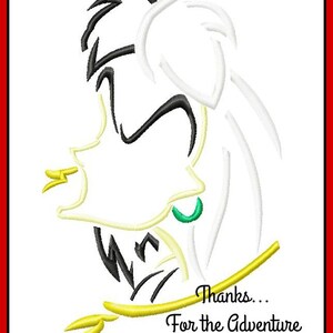 May include: Black and white line art illustration of a cartoon character with a yellow and green accessory. The text "Thanks... For the Adventure" is below the character.