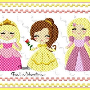 May include: Three cartoon princesses, Aurora, Belle, and Rapunzel, are depicted in a colorful embroidered design. The princesses are wearing their signature dresses and have long flowing hair. The text "Thanks... For the Adventure" is written below the princesses.