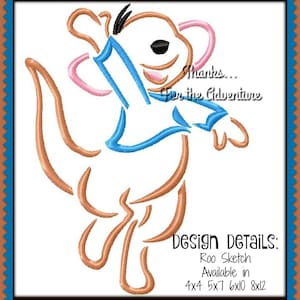 May include: Embroidered design of a brown kangaroo with blue and pink accents. The design is titled "Roo Sketch" and is available in sizes 4x4, 5x7, 6x10, and 8x12 inches.