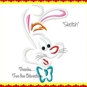 Op de afbeelding: Een wit konijn cartoonfiguur met een roze neus, oranje oren en een blauwe strik. De tekst "Sketch" staat in de rechterbovenhoek van de afbeelding. De tekst "Thanks... For the Adventure" staat in de linkerbenedenhoek van de afbeelding.