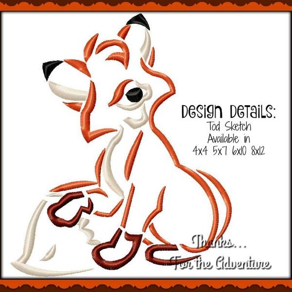 Tod from The Fox and the Hound Sketch Digital Embroidery Machine Design File 4x4 5x7 6x10 8x12