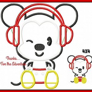 Mickey Mouse Cutie with Headphones Applique Digital Embroidery Machine  Design File 4x4 5x7 6x10