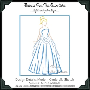 Sketch- Princess Cinderella Modern Inspired Blue Dress Ballgown Digital Embroidery Machine Design File 4x4 5x7 6x10 8x12