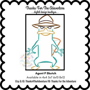Agent P Perry the Platypus from Phineas and Ferb Sketch Digital Embroidery Machine Design File 4x4 5x7 6x10 8x12