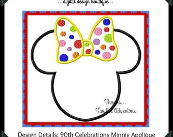 Applique Birthday Anniversary Celebration Minnie Mouse Head Digital Embroidery Machine Design File 4x4 5x7 6x10 8x12