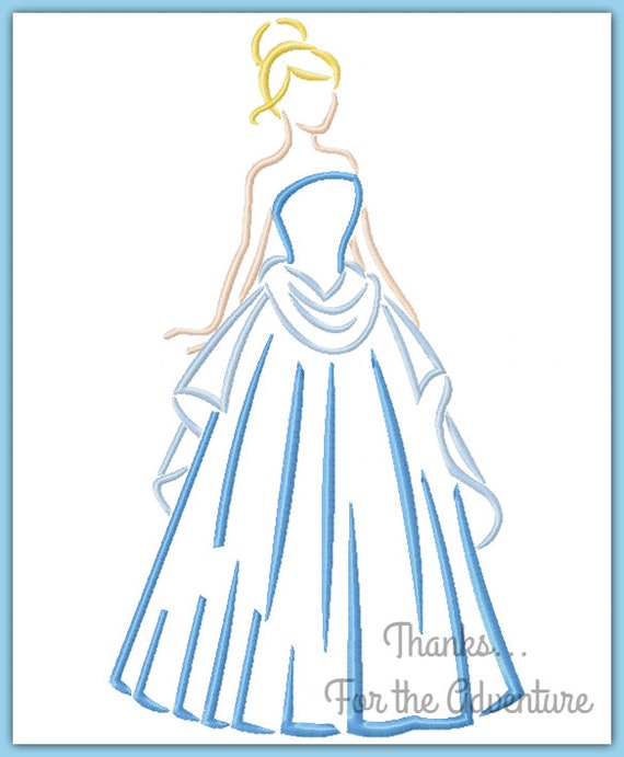 Sketch Princess Cinderella Modern Inspired Blue Dress Ballgown Digital Embroidery Machine Design File 4x4 5x7 6x10 8x12