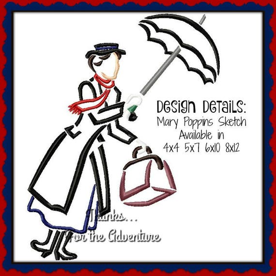 Classic Mary Poppins With Her Umbrella Sketch Digital Embroidery Machine Design File 4x4 5x7 6x10 8x12