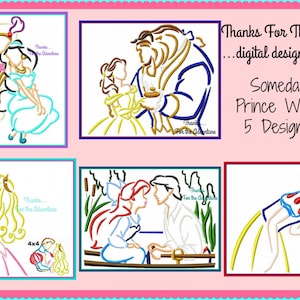 以下が含まれることがあります： ディズニーのプリンセスと王子をフィーチャーした5つの刺繍デザインのセット。デザインには、シンデレラとチャーミング王子、ベルと野獣、アリエルとエリック王子、白雪姫とチャーミング王子、ジャスミンとアラジンが含まれています。デザインは線画スタイルで、刺繍プロジェクトに最適です。