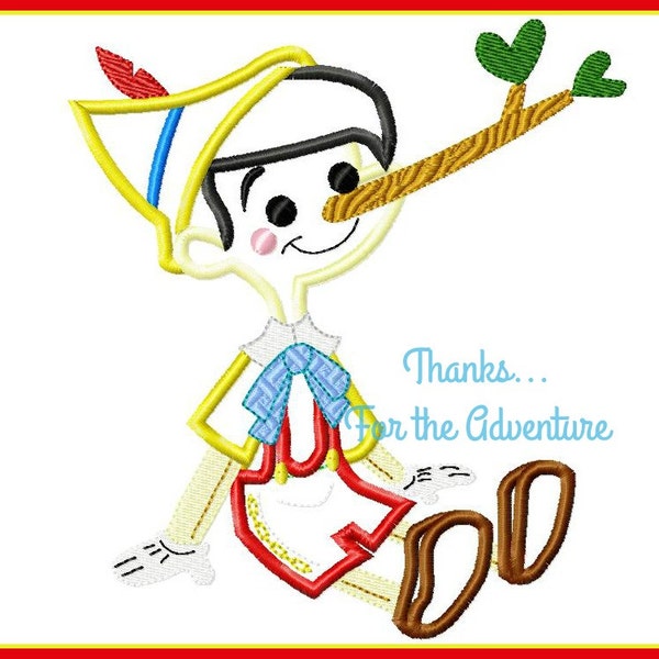 Pinocchio the Wooden Puppet Real Boy Digital Embroidery Machine Applique Design File 4x4 5x7 6x10