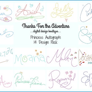 14 Princess Autograph Design Pack Digital Embroidery Machine Files Belle Cinderella Ariel Snow White Sleeping Beauty Elsa Moana Rapunzel